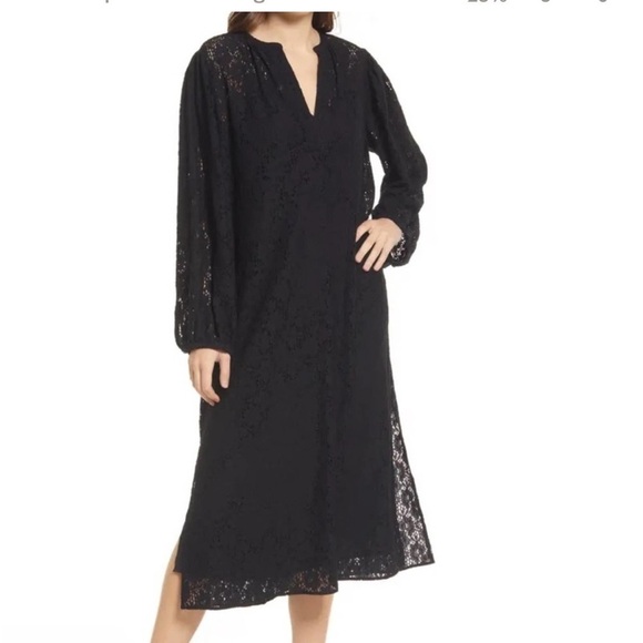 NWT Treasure Bond Lace Lined Peasant Midi Dress Black V-Neck Long Sleeve Small - Picture 1 of 15